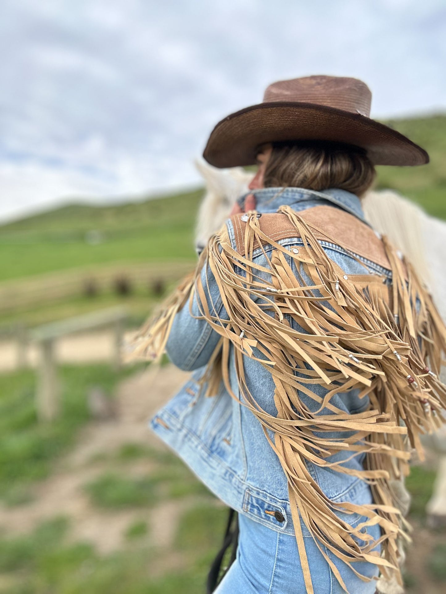 Navajo inspired Tan Leather and Denim Jacket with Silver Beads