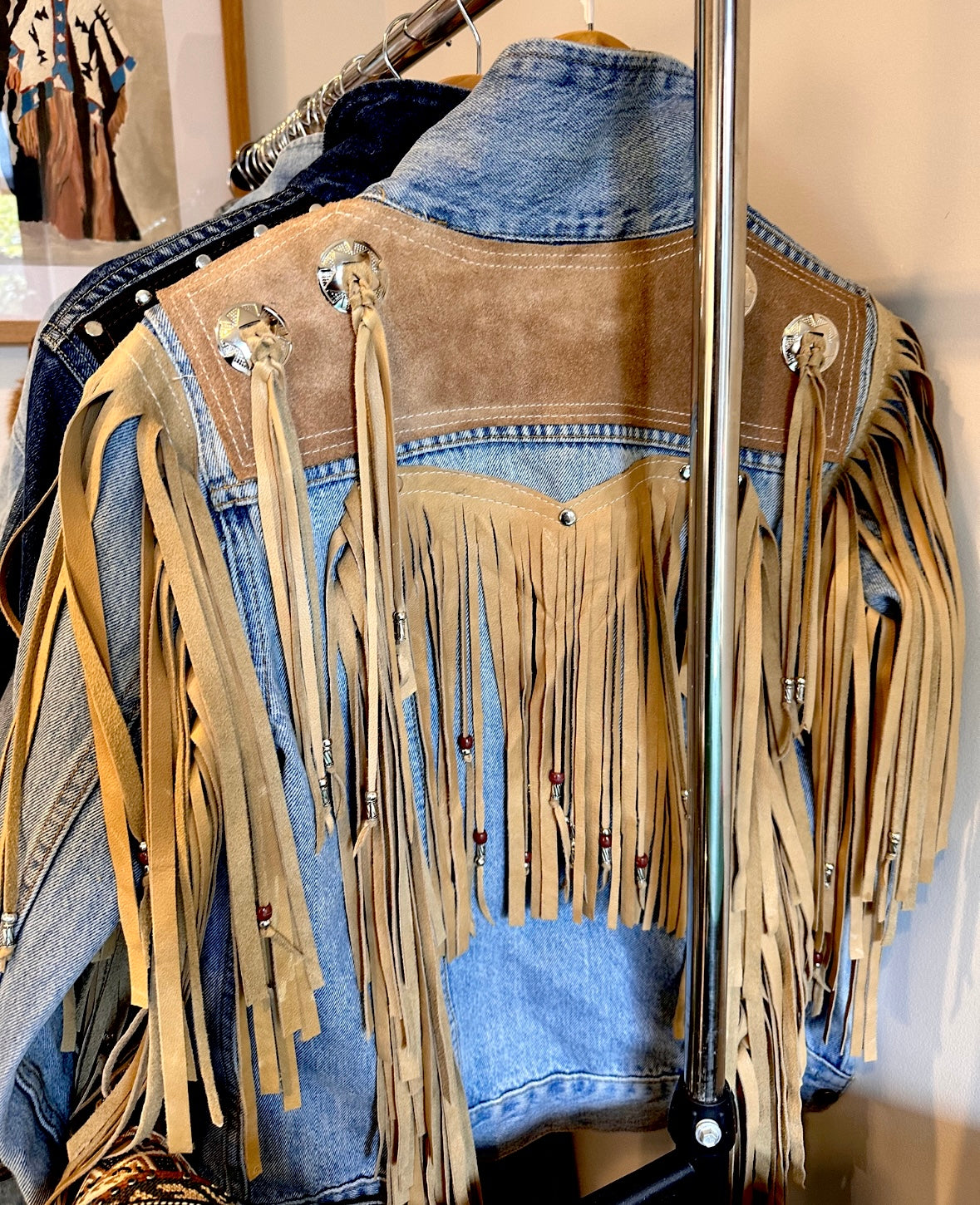 Navajo inspired Tan Leather and Denim Jacket with Silver Beads