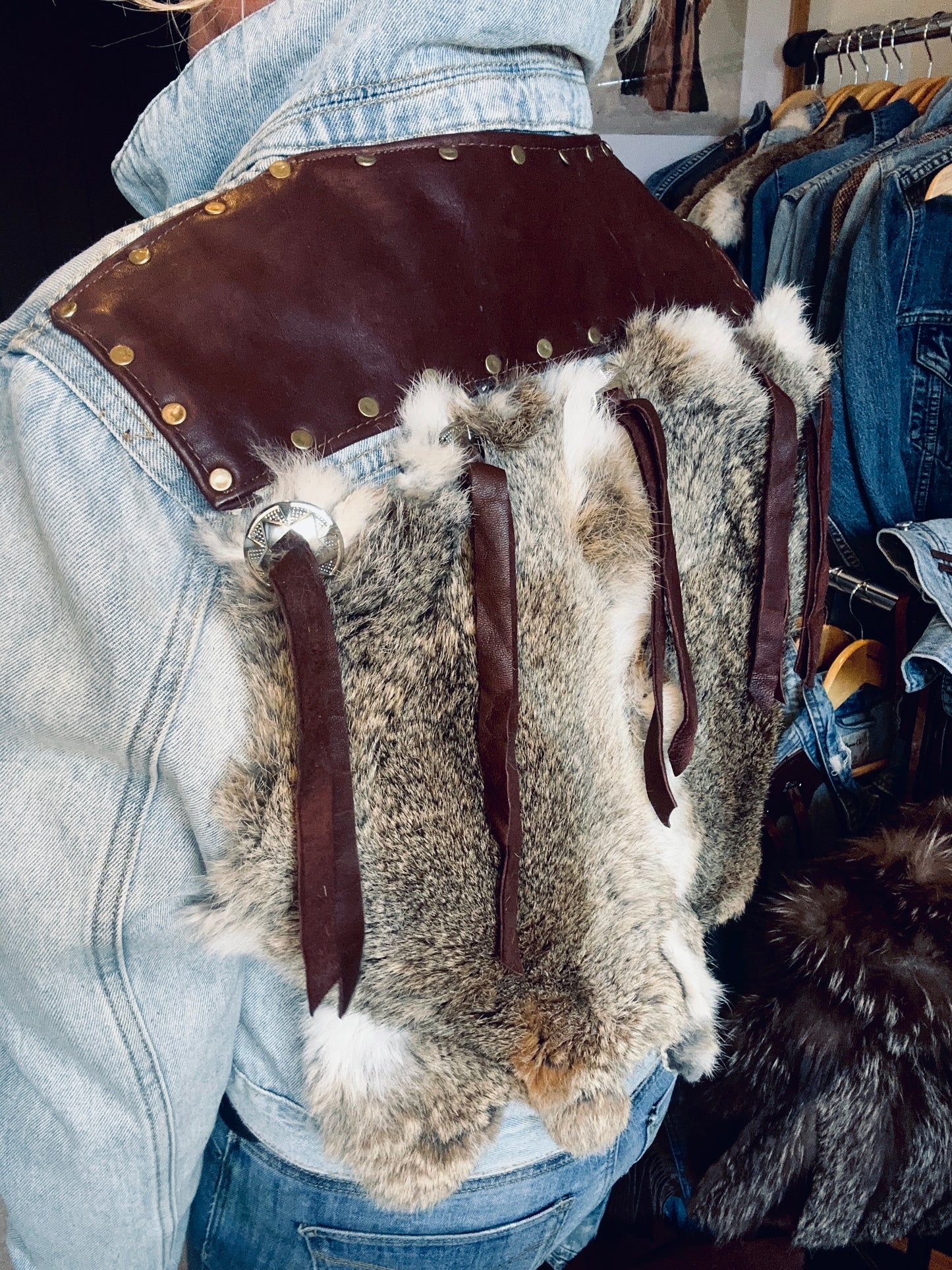 Rabbit Fur with  Delicious Leather and studs