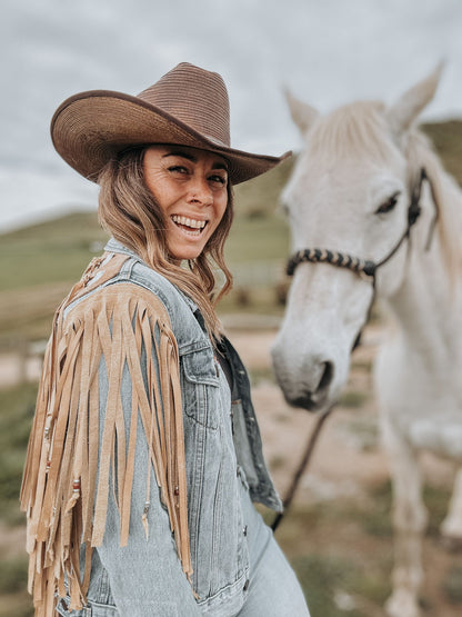 Navajo inspired Tan Leather and Denim Jacket with Silver Beads